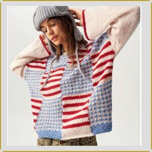 Cozy Patchwork Knit Sweater – Red & Blue Americana Pattern – Size M